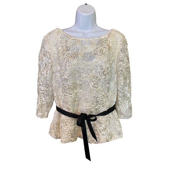 Steps by Alex Evenings XL Rosette Lace Blouse w/ Black Ribbon Belt Ivory Formal - Picture 1 of 7
